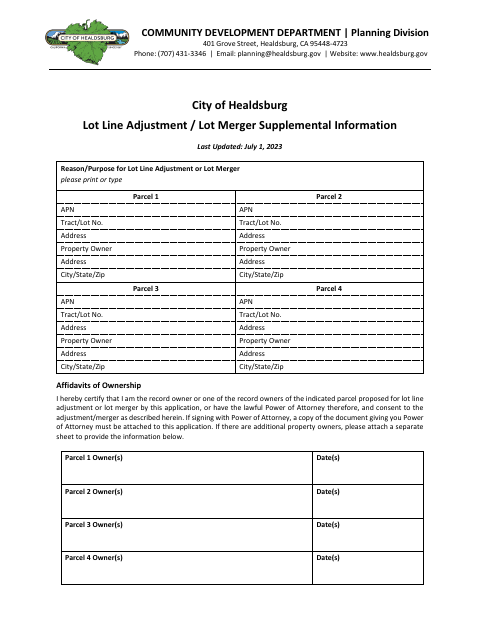 First page of the Lot Line Adjustment / Lot Merger Supplemental Information
