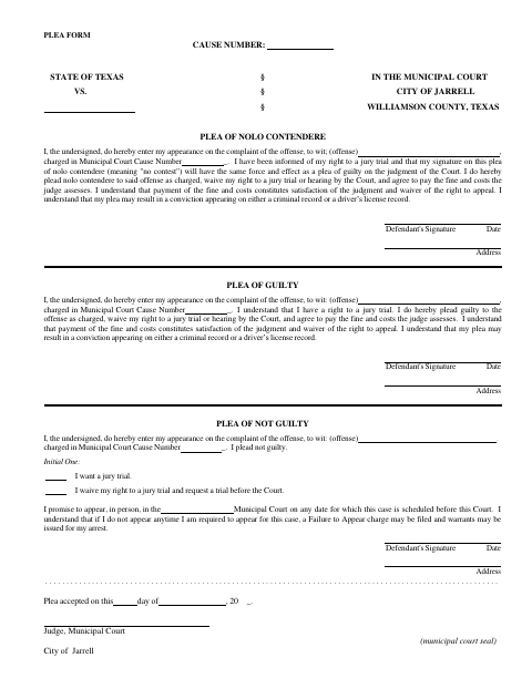 First page of the Municipal Court Plea Form