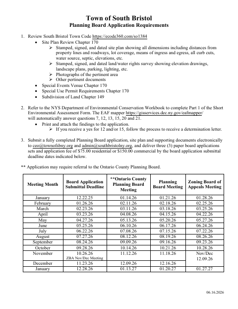 First page of the Planning Board Application Requirements