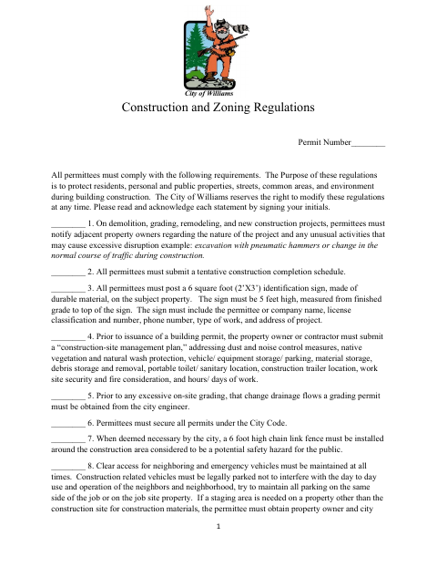 First page of the Construction and Zoning Regulations and Acknowledgement