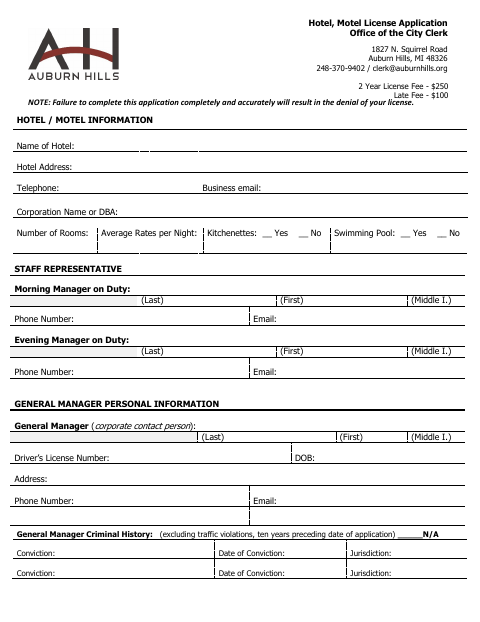 First page of the Hotel, Motel License Application