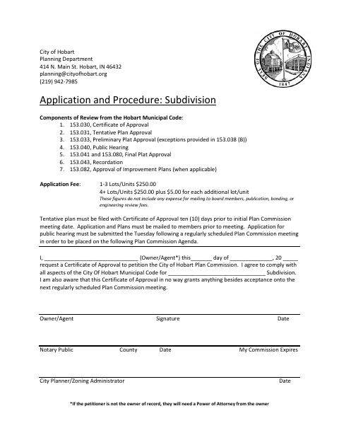 First page of the Application for Plat Approval
