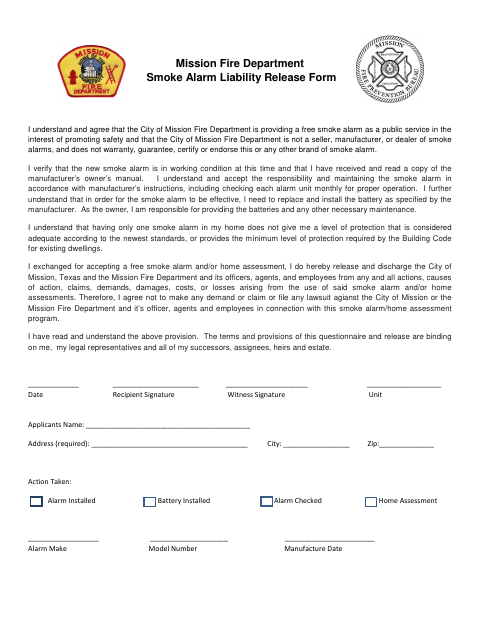 First page of the Smoke Alarm Liability Release Form