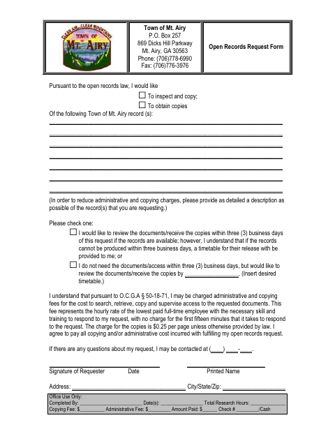 First page of the Open Records Request Form