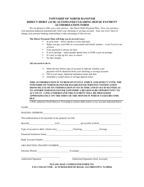 First page of the Direct Debit (ACH) Payment Authorization Form
