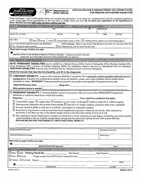 First page of the Application for a Parking Permit for Persons With Severe Disabilities