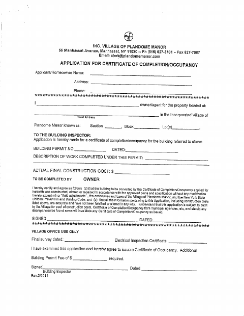First page of the Application for Certificate of Completion/Occupancy