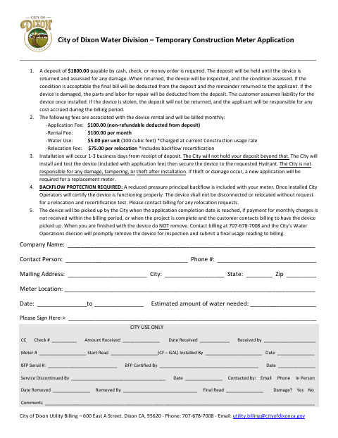 First page of the Temporary Construction Meter Application
