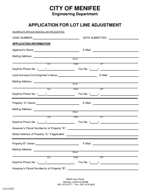 First page of the Lot Line Adjustment Application
