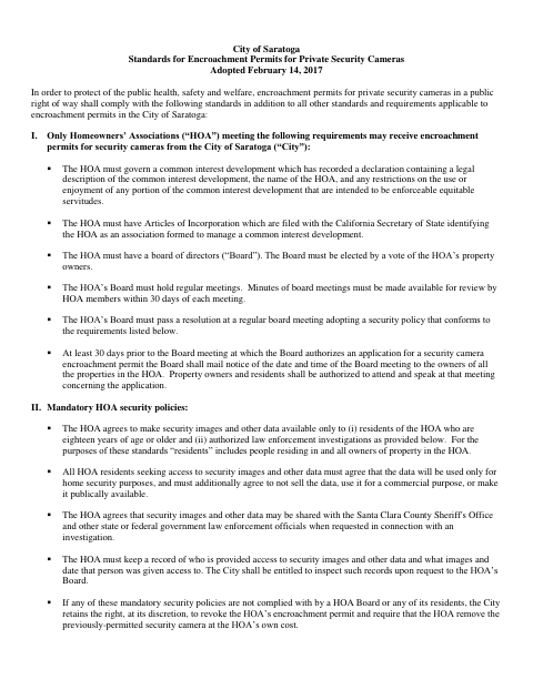 First page of the Supplemental Application for Encroachment Permit for Private Security Cameras