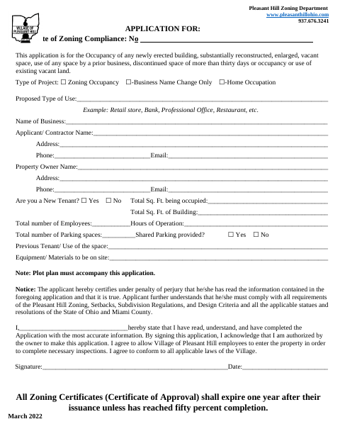 First page of the Application for Certificate of Zoning Compliance