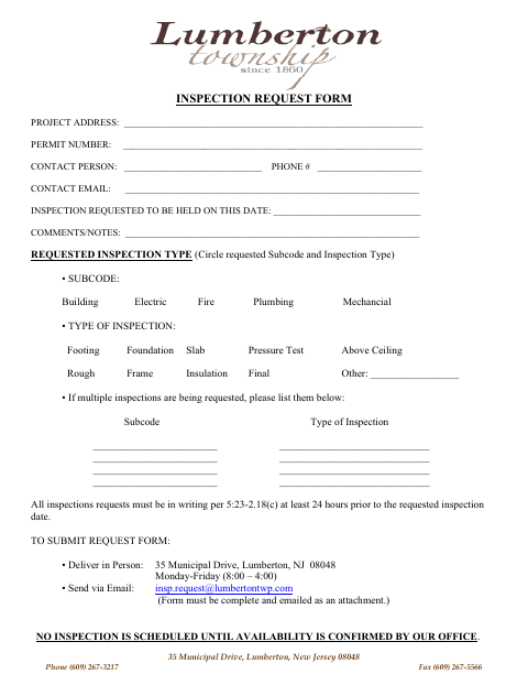 First page of the Inspection Request Form
