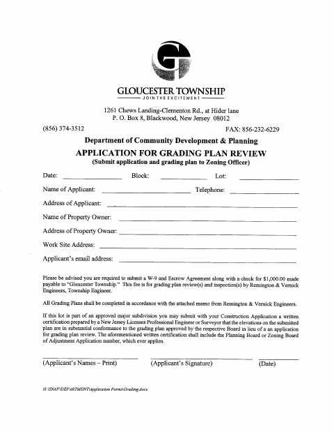First page of the Grading Plan Review Application (New Homes)