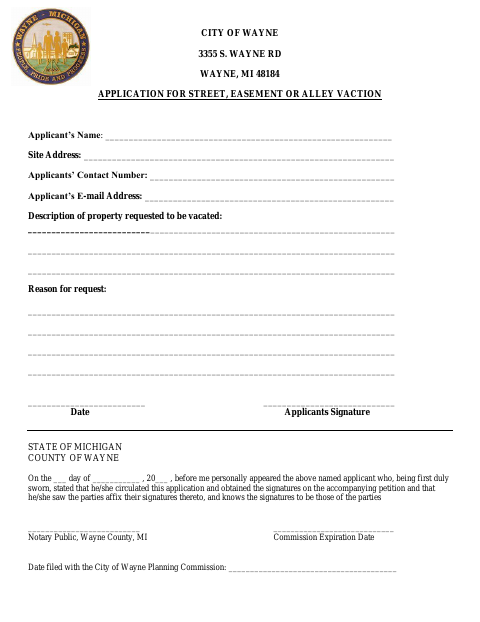 First page of the Street, Easement or Alley Vacation Application