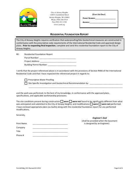 First page of the Residential Foundation Report