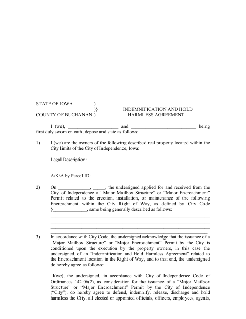First page of the Indemnification and Hold Harmless Agreement