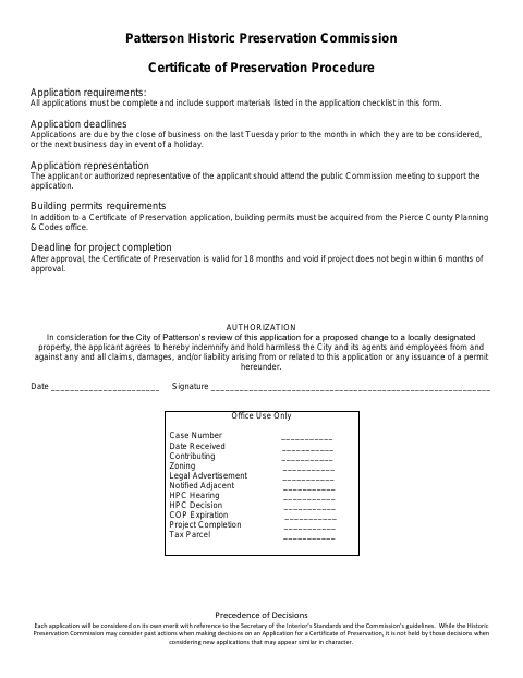 First page of the Certificate of Preservation Application
