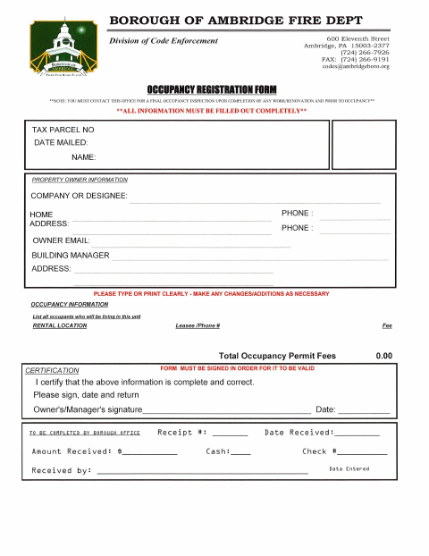 First page of the Residential Occupancy Registration Form