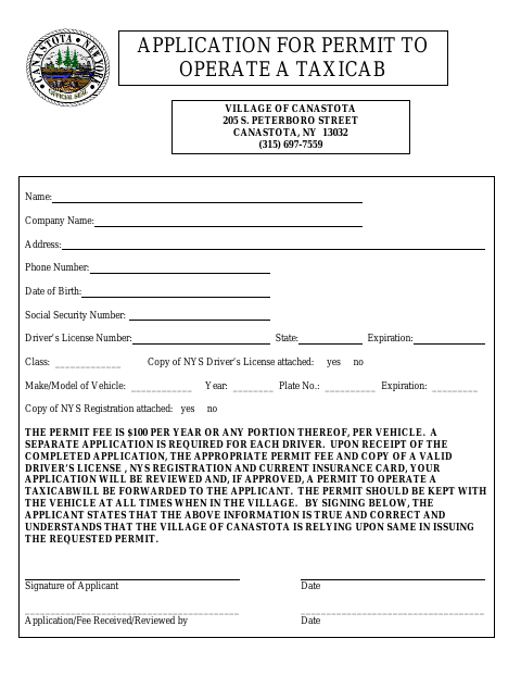 First page of the Application for Permit to Operate a Taxicab