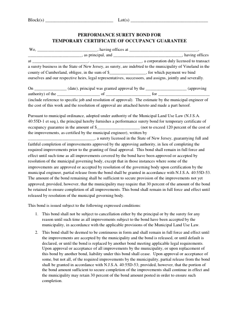 First page of the Performance Surety Bond for Temporary Certificate of Occupancy Guarantee