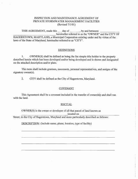 First page of the Inspection and Maintenance Agreement of Private Stormwater Management Facilities