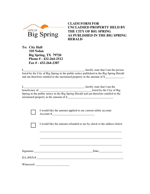 First page of the Claim Form for Unclaimed Property Held by the City of Big Spring