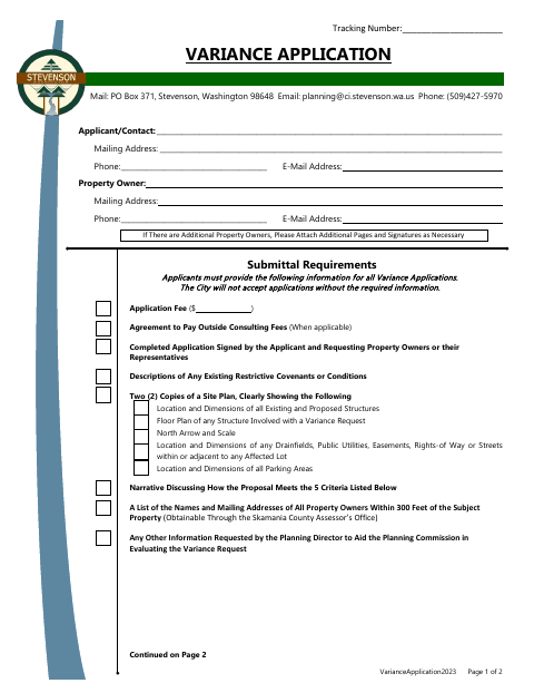 First page of the Variance Application