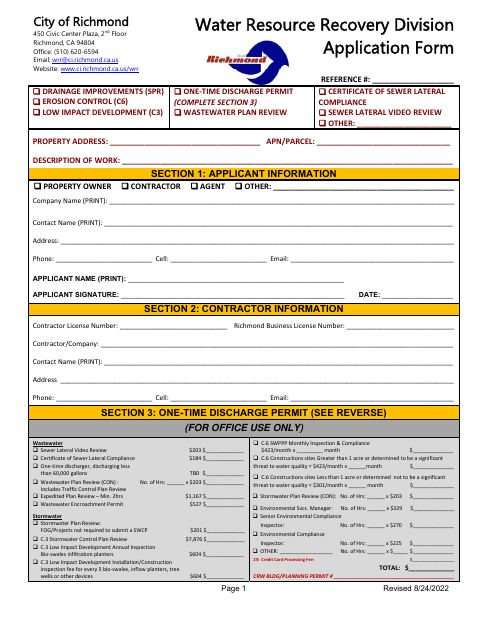 First page of the Stormwater/Wastewater Application and Credit Card Authorization Forms