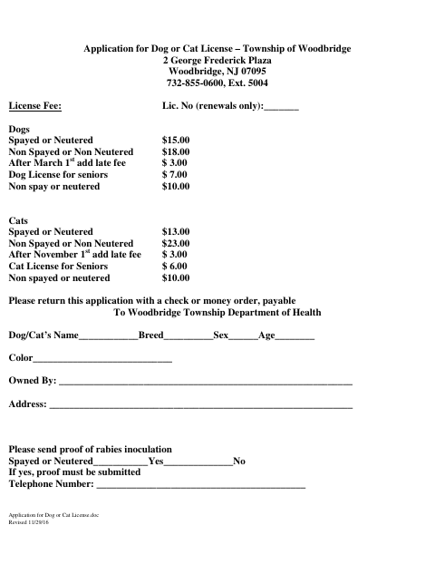 First page of the Application for Dog or Cat License