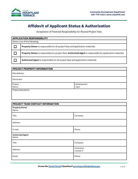 First page of the Affidavit of Applicant Status & Authorization