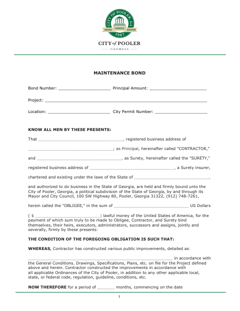 First page of the Maintenance Bond