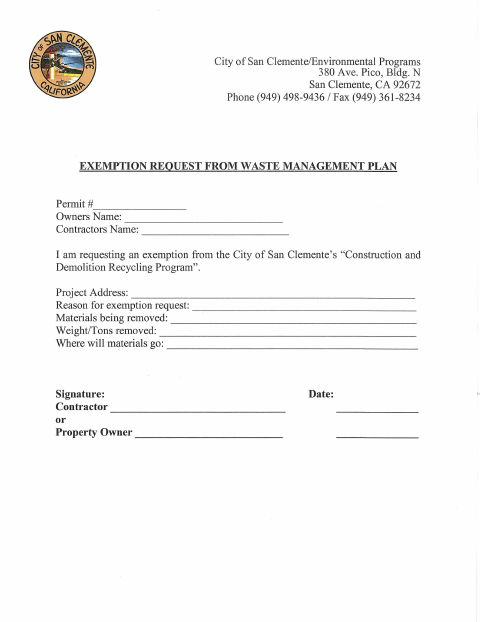 First page of the Exemption Request From Waste Management Plan