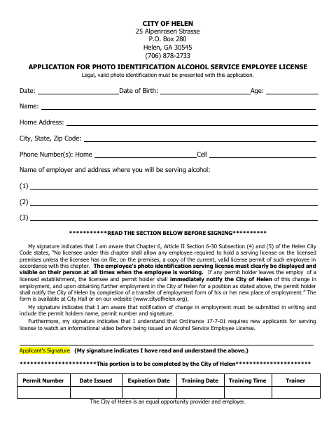 First page of the Alcohol Service Employee License Application