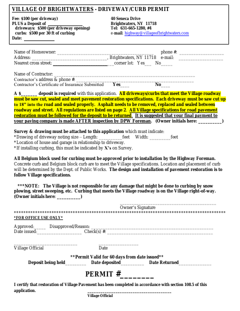 First page of the Driveway/Curb Permit Application