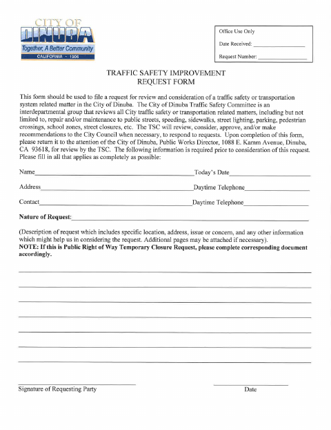 First page of the Traffic Safety Improvement Citizen Request Form