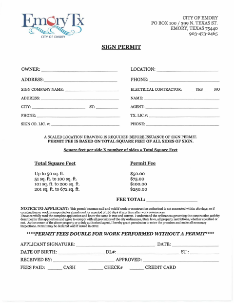 First page of the Sign Permit