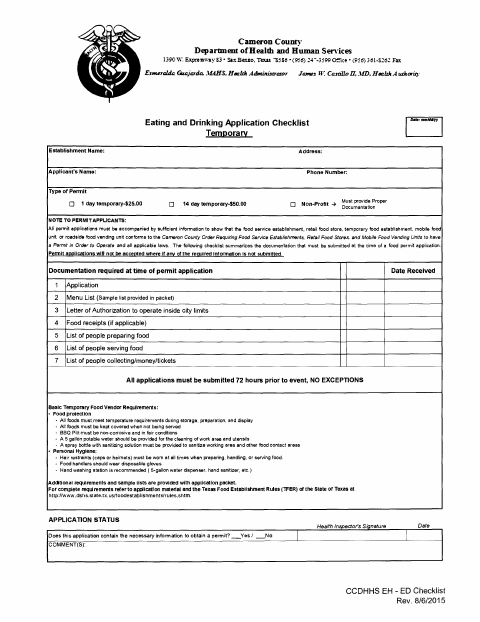 First page of the Temporary Permit Checklist for Cameron County Health Permit
