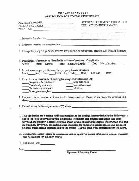 First page of the Application for Zoning Certificate