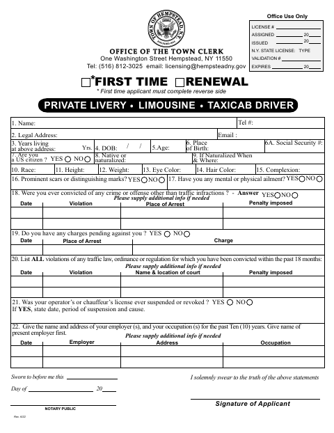 First page of the Private Livery, Limousine, or Taxicab Driver Application
