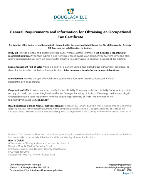 First page of the Occupational Tax / Business License Application