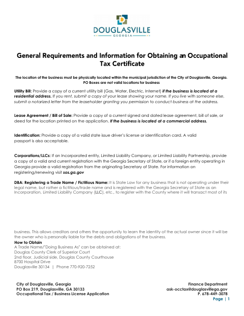 First page of the Occupational Tax / Business License Application