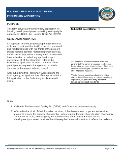 First page of the Housing Crisis Act Of 2019 SB 330 Preliminary Application Form