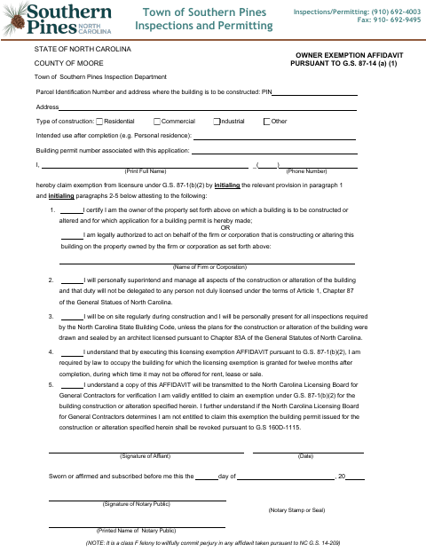 First page of the Owner Exemption Affidavit