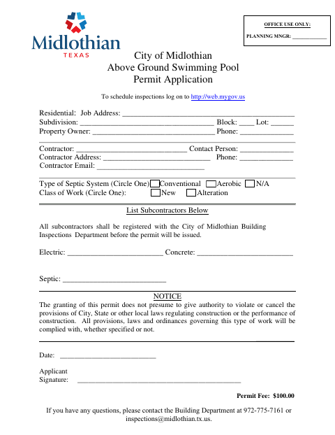 First page of the Above Ground Swimming Pool Permit Application