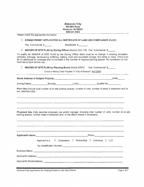 First page of the Zoning Permit or Site Plan Waiver Application