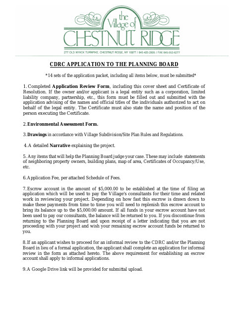 First page of the CDRC Application to the Planning Board