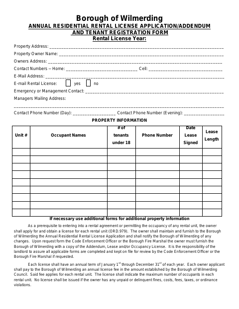 First page of the Annual Residential Rental License Application and Tenant Registration