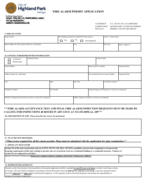 First page of the Fire Alarm Permit Application