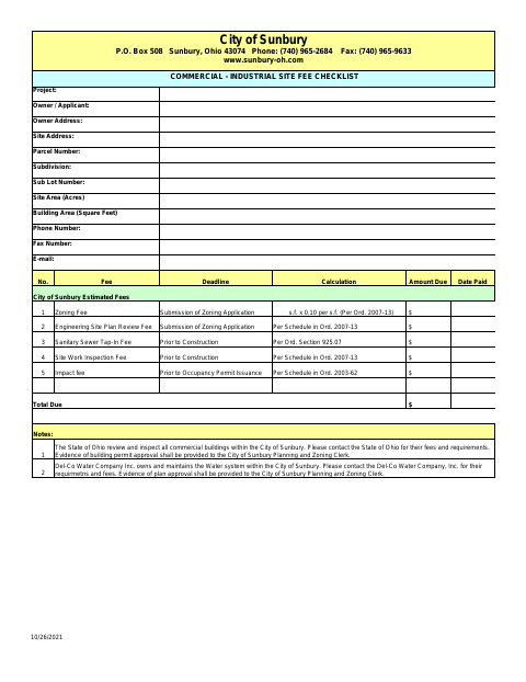 First page of the Commercial-Industrial Site Fee Checklist
