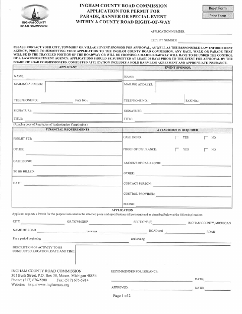 First page of the Parade, Banner, or Special Event Permit Application